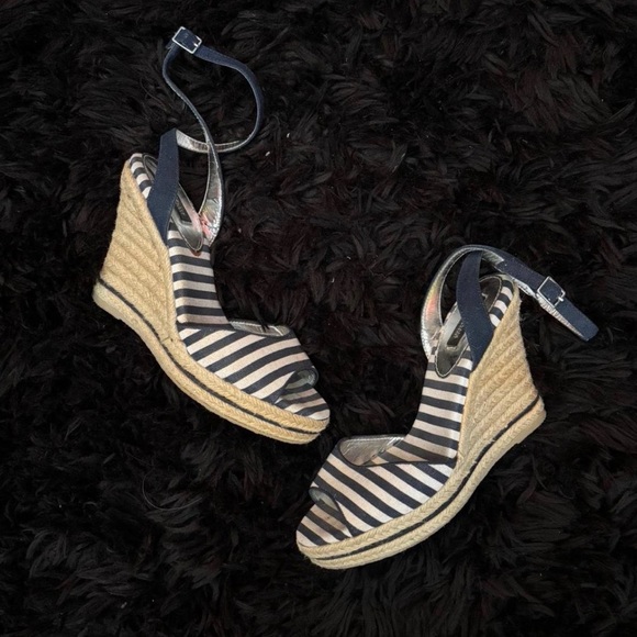 White House Black Market Shoes - White House Black Market Navy and White Striped Espadrille Wedges